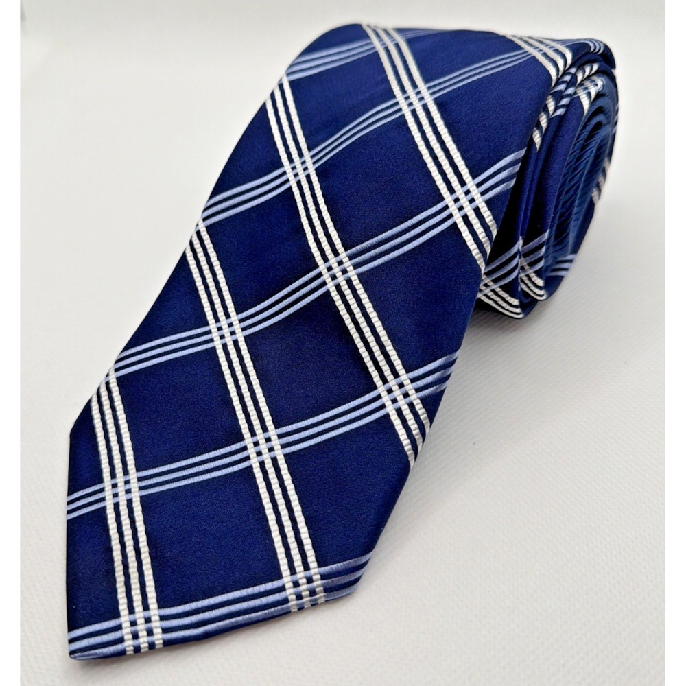 Tommy Hilfiger Men's Windowpane Necktie 3.25x58 Navy Blue Silk Blend USA